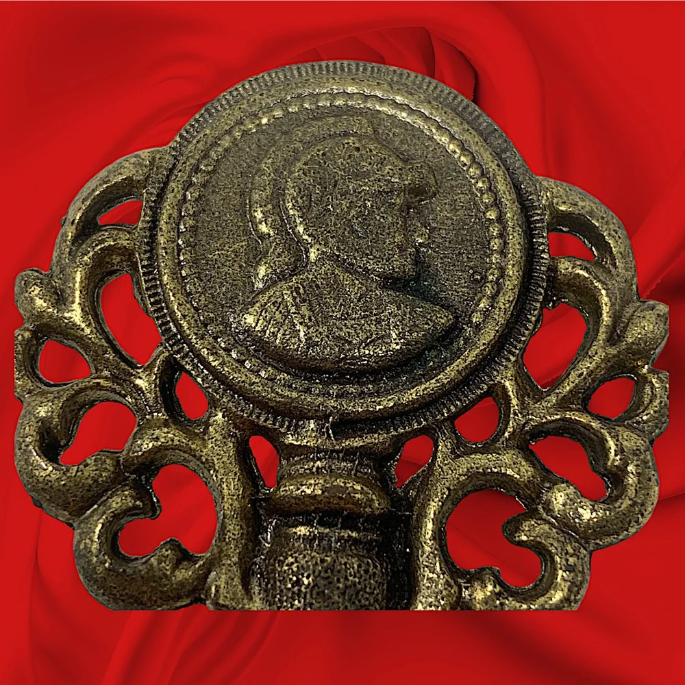 Vintage 1980's Antiqued Bronze Key Shaped Brooch Faux South American Coin